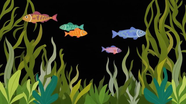 Group of colorful tropical fish swimming in a seaweed forest, flat vector design, black background