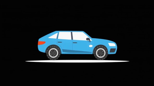 Vector flat design of a sky blue rally car driving calmly on a black background