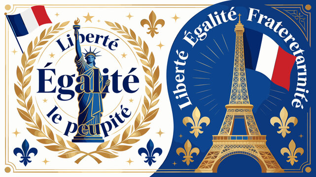 A split image showcasing French national symbols, including the Statue of Liberty and Eiffel Tower, with the motto 'Libert&eacute;, &Eacute;galit&eacute;, Fraternit&eacute;' and French flags.