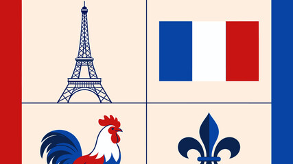 A vibrant illustration showcasing iconic French symbols including the Eiffel Tower, the national flag, a Gallic rooster, and a fleur-de-lis, set against a patriotic red, white, and blue background. © Roma