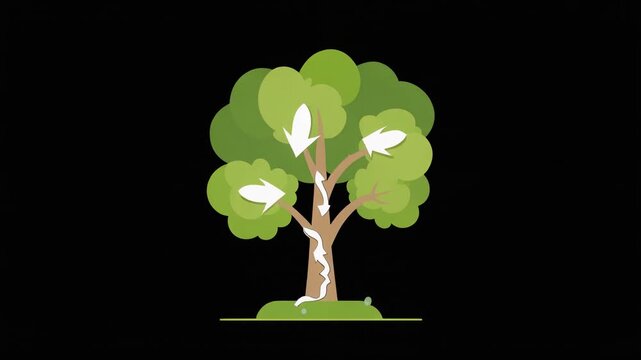 Animation of a green tree growing with recycling arrows, flat vector design on black background