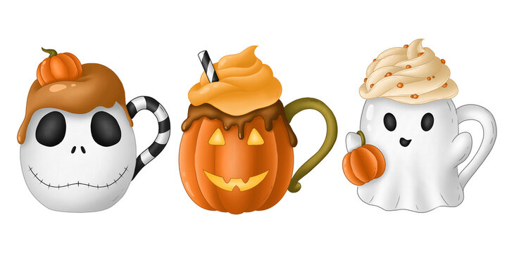 Cartoon style set of Halloween cups with dessert, pumpkin cup, creepy cup, Halloween sweets
