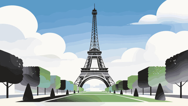 A stylized illustration of the Eiffel Tower in Paris, France, viewed from a manicured park with symmetrical trees and a clear blue sky with fluffy clouds.