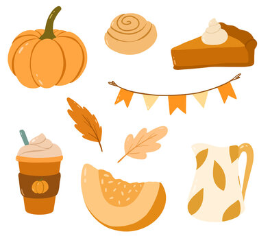 Set Autumn element illustration in a simple flat design style with pumpkin, cinnamon roll, pumpkin latte, pumpkin pie, cozy pot with leaf pattern and orange leaves 