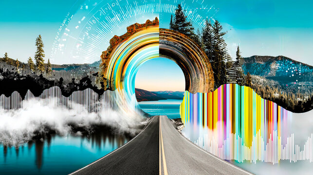 Audio-Visual Synthesis and Sonic Landscape Journey featuring Frequency Waveform Overlays and Dimensional Portals on Mountain Road for Experimental Music and Sound Design Marketing
