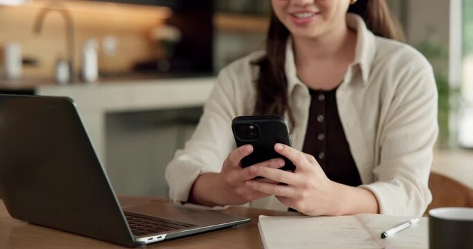 Cellphone, hands and businesswoman with laptop in home with remote work for email on creative project. Computer, freelancer and female magazine editor on phone for publishing approval in house.