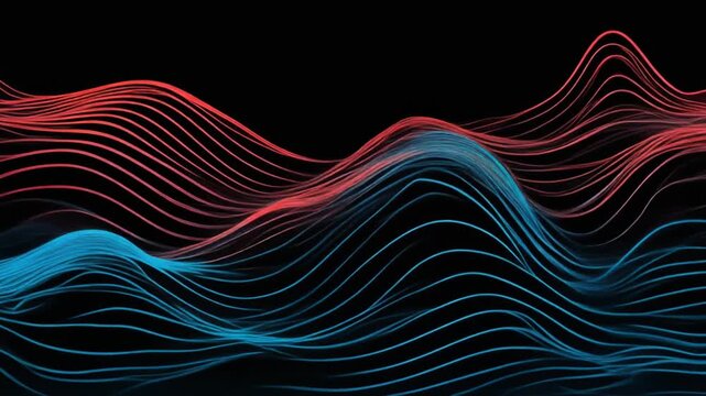 Abstract colorful wave line pattern flowing on black background, digital vector motion graphic