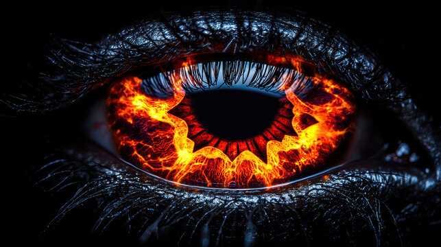 A captivating close-up showcases a human eye with an iris ablaze in fiery oranges and reds, contrasting dramatically against the dark background and lashes detail.
