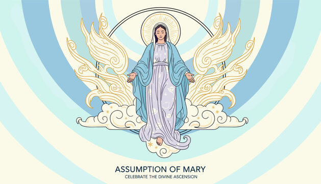 Illustration of the Assumption of Mary, depicting her ascension into heaven with angelic wings and a radiant halo, surrounded by clouds and a stylized celestial background.