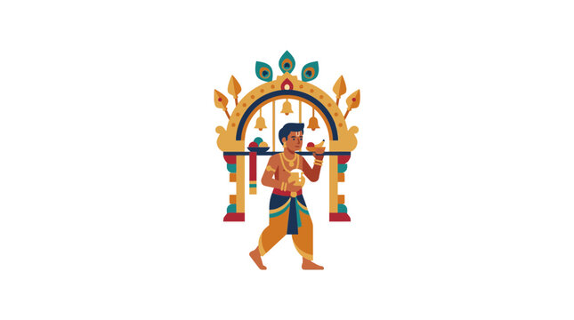Indian man carrying Kavadi with bells and peacock feathers, religious offering