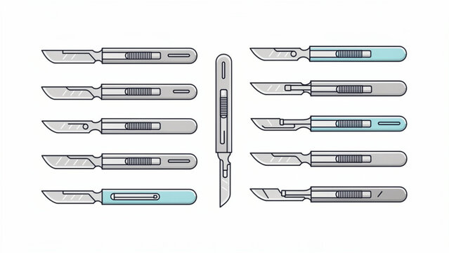 Arrangement of crafting knives in a neat row with metallic handles and sharp blades for cutting tools