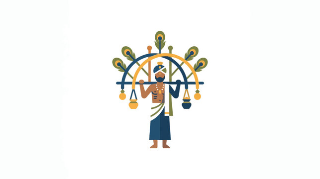 Indian Pilgrim Carrying Kavadi with Peacock Feathers and Bells