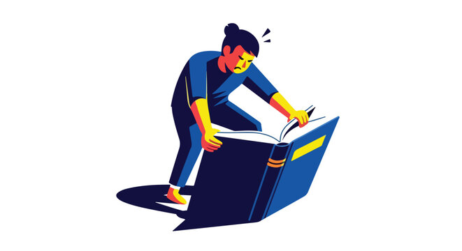 Person struggling to read a large, open book