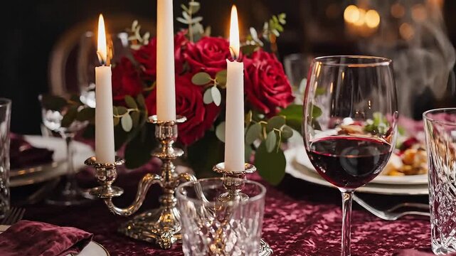 Candlelight illuminates a formal dining table set with elegant silverware and red roses.