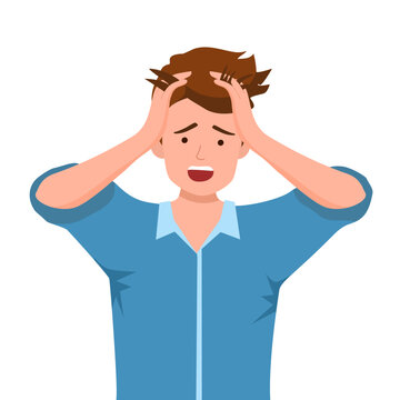 Shockedamazed young business man holding hands on head and keeping mouth open. Headache pain or stress. Human emotions, facial expressions. Flat vector illustration isolated on white