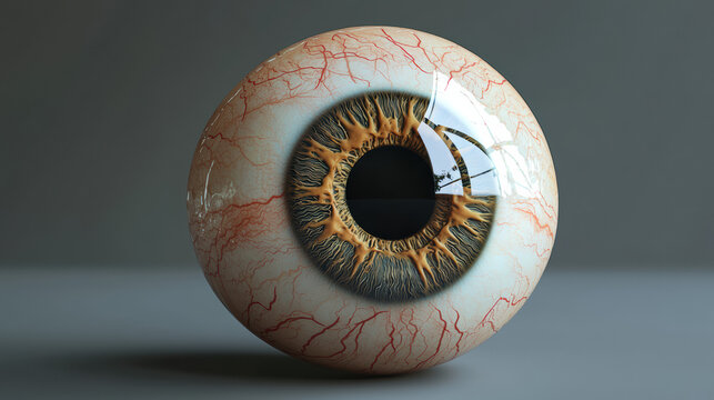 A detailed digital rende shows a realistic eyeball with a brown iris, visible blood vessels, and a glossy surface, set against a neutral gray background.