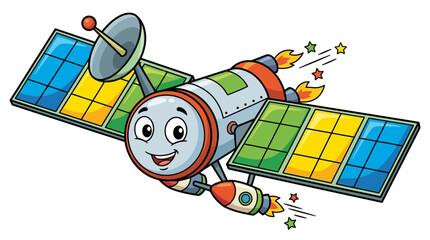 Smiling Cartoon Satellite in Space Orbit. © Story