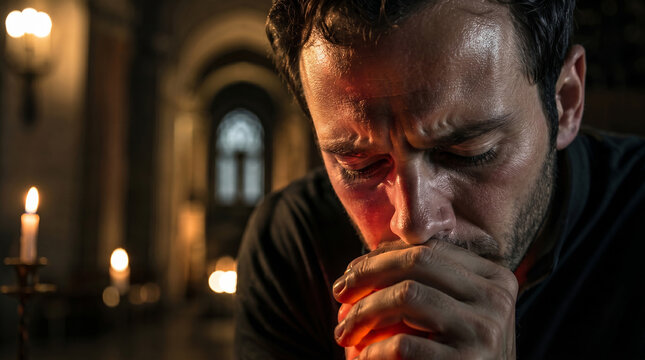 Crying Man Praying in Church with Head Bowed to Hands by Candlelight
