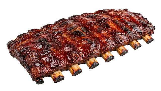A rack of delicious glazed pork ribs on a white background