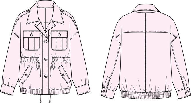 Structured jacket technical sketch, drawstring waist, flap pockets, elastic hem and cuffs, fashion CAD illustration, garment template, cad drawing flat vector