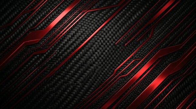 Abstract dark carbon fiber background with metallic red geometric lines and futuristic texture
