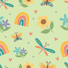Fototapeta premium Cute rainbow, butterfly and dragonfly seamless pattern with flowers and leaves. Pastel nursery background for kids fabric, wallpaper, wrapping paper and textile. Vector illustration.