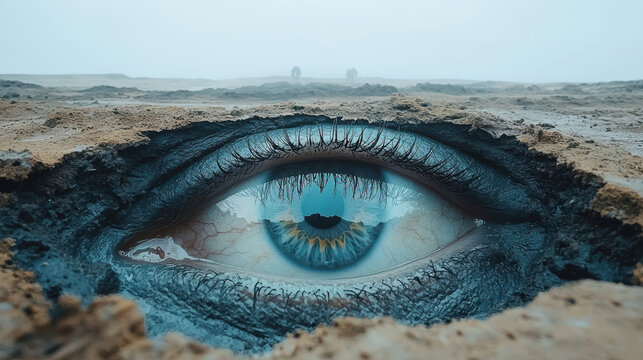 A giant blue eye emerges from cracked earth, reflecting the cloudy sky above with two indistinct figures in the distance creating a surreal, dreamy landscape.