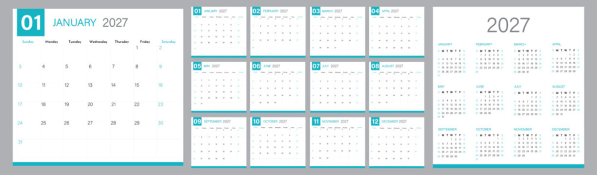 2027 calendar template clipart set | 12 months calendar in minimal layout clip art collection including monthly pages, dates, and weekly planning sections vector illustration.