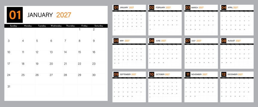 Monthly modern calendar layout for year of 2027 | Diary planner for 2027 year | Week Starts on Sunday | Contemporary 12-month desk calendar with minimal style