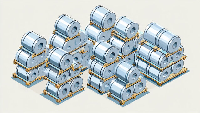 Stacked silver cylindrical metal barrels on wooden pallets for industrial storage and transport