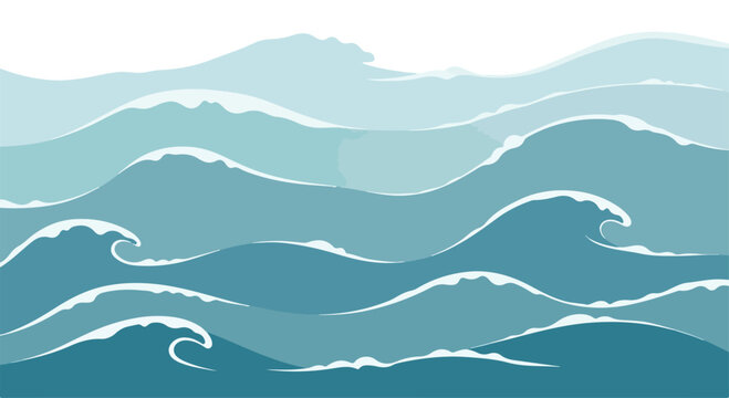 Illustration of soothing ocean waves in various shades of blue with white highlights on a calm sea