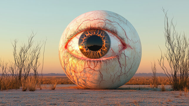 A large eyeball rests on a desolate plain under a pastel sky, creating a surreal and unsettling scene with dry grass and a distant horizon on the ground.