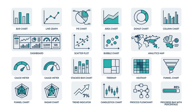 Business Analytics Infographic Icons: Charts, Graphs, Dashboard, Map, and Flowcharts