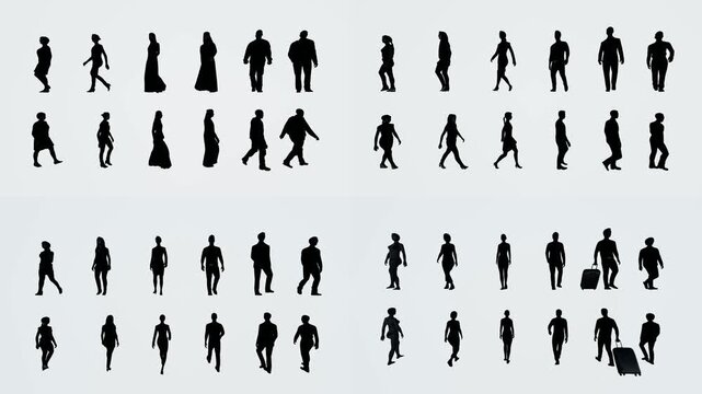 Walking people silhouette atlas for green screen compositing with chromakey background and 3d animated cartoon animation style. Multiple pedestrian motion references for editing scenes transitions.