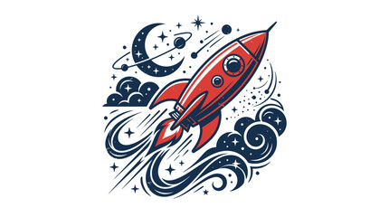 Retro Rocket Ship Launching into Space with Stars and Moon © Grid
