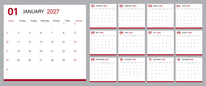Calendar 2027 template modern vector design | Monthly planner calendar with 12-month organized grid | 2027 calendar diagram with red footer and red, black text for wall, desk, web, office