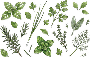 Hand drawn watercolor vector illustration of fresh garden herbs set including basil, rosemary, parsley, thyme, dill, chives and mint isolated on white background © MstKhyrun
