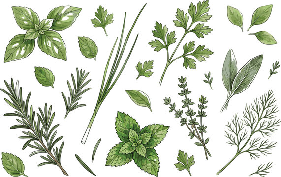 Hand drawn watercolor vector illustration of fresh garden herbs set including basil, rosemary, parsley, thyme, dill, chives and mint isolated on white background