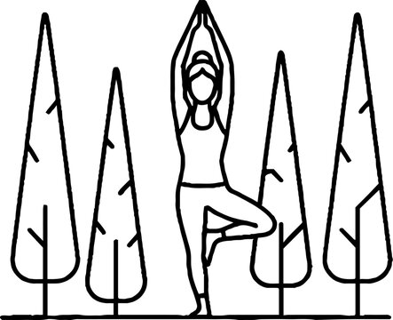Woman practicing yoga tree pose in peaceful forest setting.