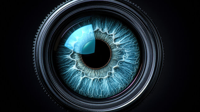 Macro shot captures a strikingly detailed blue human eye reflected in a camera lens, showcasing vibrant color and intricate textures against a black backdrop.