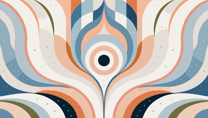 Abstract geometric floral pattern with flowing lines and a central eye-like motif in warm and cool tones. © tyui