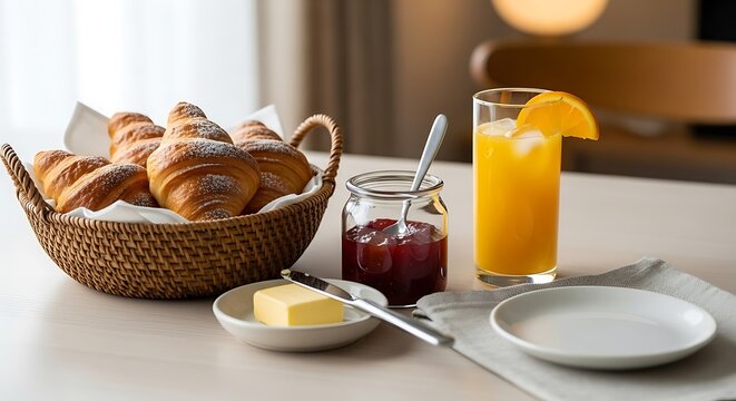 Gourmet continental breakfast with fresh croissants butter jam and orange juice on a bright morning table breakfast croissants continental hospitality beverage