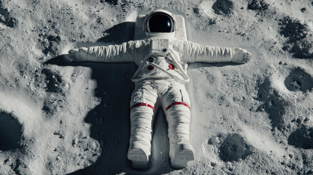 Space universe exploration, fantasy. A detailed, highresolution photograph of an astronaut floating on the surface of the moon. The astronaut wears a white spacesuit with red accents, a helmet.