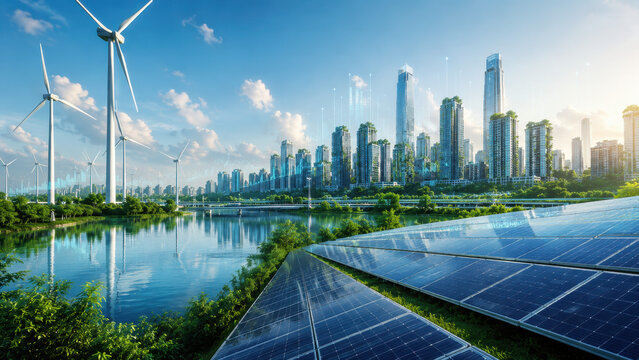 Modern cityscape harmonizes with renewable energy sources including solar panels and wind turbines