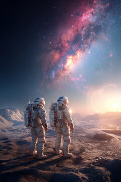 Space universe exploration, fantasy. A vivid depiction of two astronauts standing on the surface of Mars, gazing at the vast expanse of space. The astronauts wear white spacesuits with red accents.