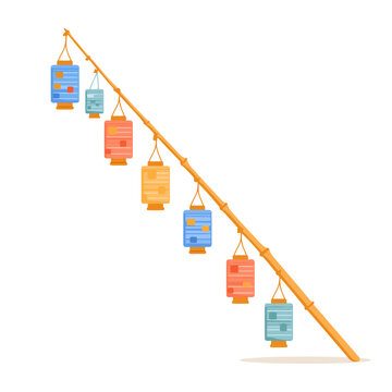Colorful Japanese Festival Lanterns on Bamboo Pole Vector