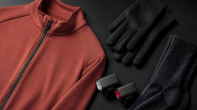 Flat lay of winter cycling gear including red jacket black gloves socks and bike lights on dark background.