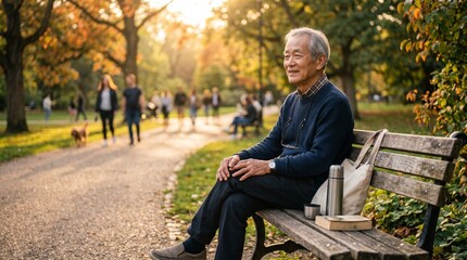 Fototapeta premium Elderly Man Enjoying Autumn Day in City Park with Warm Light and Smiles
