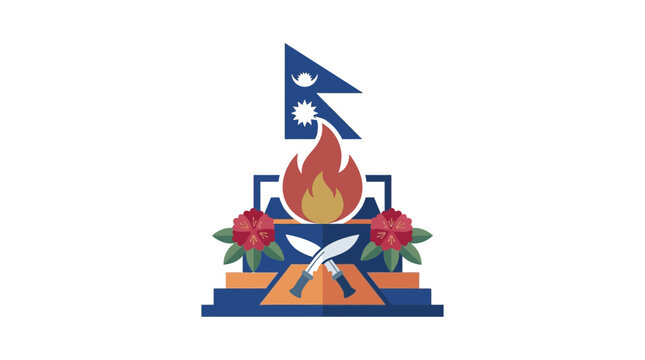 Nepal Flag Emblem with Fire, Flowers, and Khukuri Knives - National Symbol