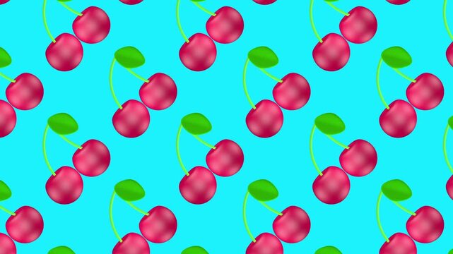 Cherry pattern on turquoise background, animated fruit backdrop for summer, food, wallpaper, wrapping, textile and social media design, seamless style 3D animation